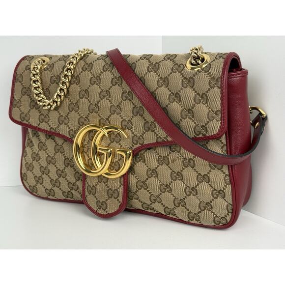 Gucci GG Marmont Monogram Matelassé Diagonal Shoulder Bag Beige and Red - Picture 1 of 16